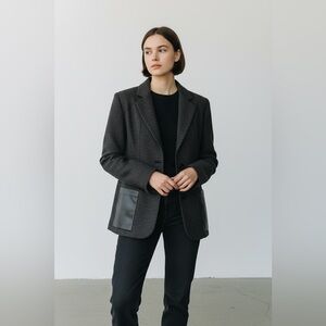 Agostino Blazer w Faux Leather Pocket Panels Minimalist. Feels like wool blend